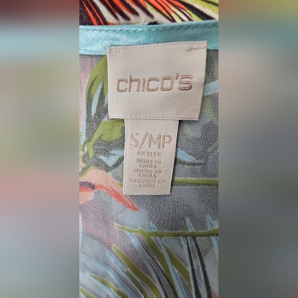 Chicos Tropical Parrot Ruana Multi-Colored Aqua Semi-Sheer Kimono Size S/M - Picture 8 of 9